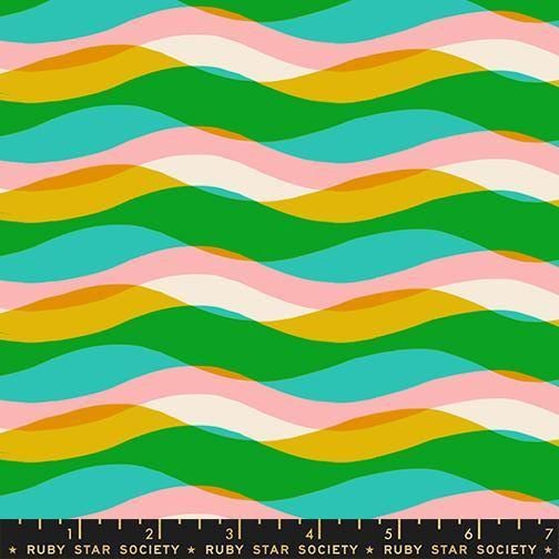 Image of Poolside Too Waves Tropic quilting cotton fabric by Ruby Star Society for Moda Fabrics. Features stripes on a green background. Cute Little Fabric Shop.