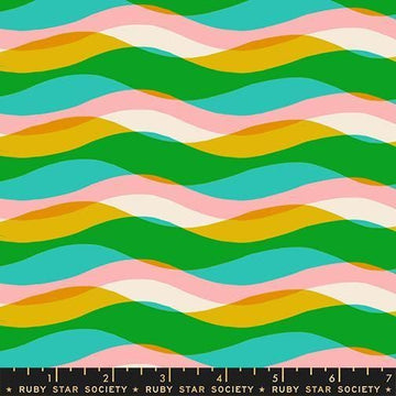 Image of Poolside Too Waves Tropic quilting cotton fabric by Ruby Star Society for Moda Fabrics. Features stripes on a green background. Cute Little Fabric Shop.