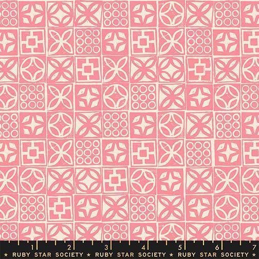 Image of Poolside Too Architectural Sorbet quilting cotton fabric by Ruby Star Society for Moda Fabrics. Features a geometric pattern on a pink background. Cute Little Fabric Shop.