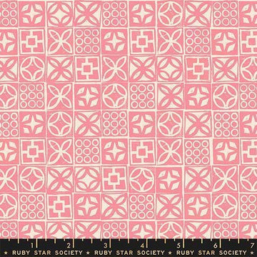 Image of Poolside Too Architectural Sorbet quilting cotton fabric by Ruby Star Society for Moda Fabrics. Features a geometric pattern on a pink background. Cute Little Fabric Shop.