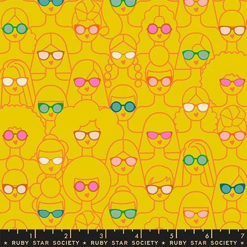 Image of Poolside Too Shine Girl Golden Hour quilting cotton fabric by Ruby Star Society for Moda Fabrics. Features girls in sunglasses on a yellow background. Cute Little Fabric Shop.