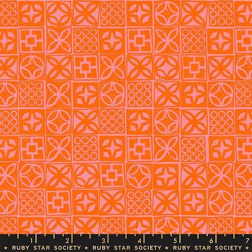 Image of Poolside Too Architectural Goldfish quilting cotton fabric by Ruby Star Society for Moda Fabrics. Features a geometric pattern on an orange background. Cute Little Fabric Shop.