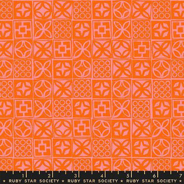Image of Poolside Too Architectural Goldfish quilting cotton fabric by Ruby Star Society for Moda Fabrics. Features a geometric pattern on an orange background. Cute Little Fabric Shop.