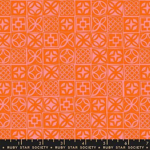 Image of Poolside Too Architectural Goldfish quilting cotton fabric by Ruby Star Society for Moda Fabrics. Features a geometric pattern on an orange background. Cute Little Fabric Shop.