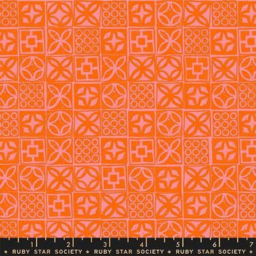 Image of Poolside Too Architectural Goldfish quilting cotton fabric by Ruby Star Society for Moda Fabrics. Features a geometric pattern on an orange background. Cute Little Fabric Shop.