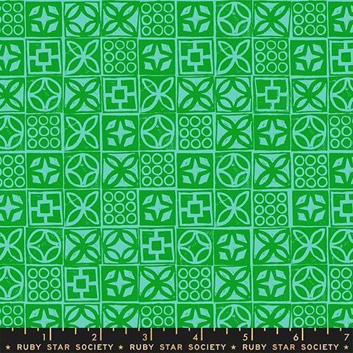 Image of Poolside Too Architectural Verdant quilting cotton fabric by Ruby Star Society for Moda Fabrics. Features a geometric pattern on a green background. Cute Little Fabric Shop.