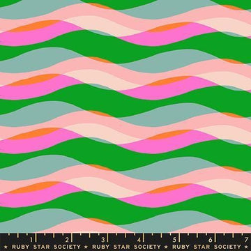 Image of Poolside Too Waves Lipstick quilting cotton fabric by Ruby Star Society for Moda Fabrics. Features stripes on a green, blue, and pink background. Cute Little Fabric Shop.