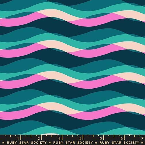 Image of Poolside Too Waves Peacock quilting cotton fabric by Ruby Star Society for Moda Fabrics. Features stripes on a blue background. Cute Little Fabric Shop.