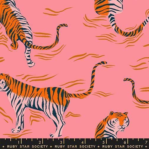Image of Poolside Too Tigress Sorbet quilting cotton fabric by Ruby Star Society for Moda Fabrics. Features tigers on a pink background. Cute Little Fabric Shop.