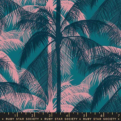 Image of Poolside Too Palms Storytime quilting cotton fabric by Ruby Star Society for Moda Fabrics. Features trees on a blue background. Cute Little Fabric Shop.