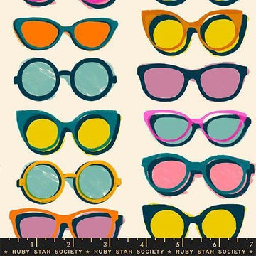 Image of Poolside Too Shades Natural quilting cotton fabric by Ruby Star Society for Moda Fabrics. Features sunglasses on a cream background. Cute Little Fabric Shop.