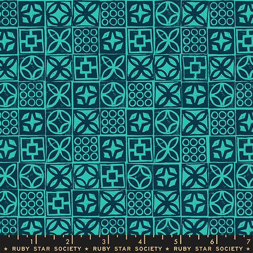Image of Poolside Too Architectural Peacock quilting cotton fabric by Ruby Star Society for Moda Fabrics. Features a geometric pattern on a blue background. Cute Little Fabric Shop.