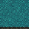 Image of Poolside Too Architectural Peacock quilting cotton fabric by Ruby Star Society for Moda Fabrics. Features a geometric pattern on a blue background. Cute Little Fabric Shop.