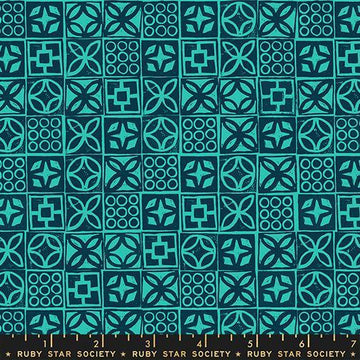 Image of Poolside Too Architectural Peacock quilting cotton fabric by Ruby Star Society for Moda Fabrics. Features a geometric pattern on a blue background. Cute Little Fabric Shop.