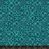 Image of Poolside Too Architectural Peacock quilting cotton fabric by Ruby Star Society for Moda Fabrics. Features a geometric pattern on a blue background. Cute Little Fabric Shop.