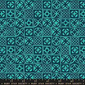 Image of Poolside Too Architectural Peacock quilting cotton fabric by Ruby Star Society for Moda Fabrics. Features a geometric pattern on a blue background. Cute Little Fabric Shop.