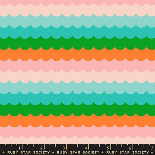 Image of Poolside Too Scallops Verdant quilting cotton fabric by Ruby Star Society for Moda Fabrics. Features stripes on a blue and pink background. Cute Little Fabric Shop.