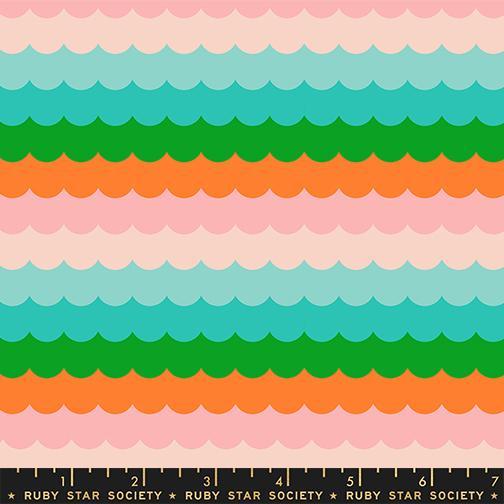 Image of Poolside Too Scallops Verdant quilting cotton fabric by Ruby Star Society for Moda Fabrics. Features stripes on a blue and pink background. Cute Little Fabric Shop.