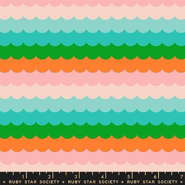 Image of Poolside Too Scallops Verdant quilting cotton fabric by Ruby Star Society for Moda Fabrics. Features stripes on a blue and pink background. Cute Little Fabric Shop.
