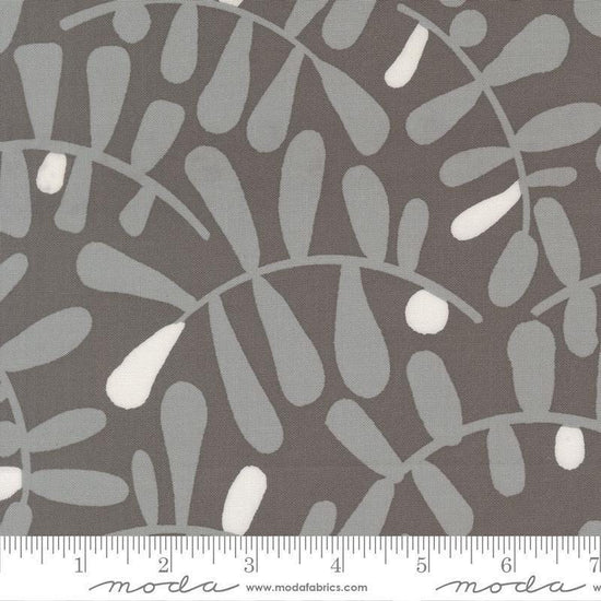 Image of Mira Calm Graphite quilting cotton fabric by Zen Chic for Moda Fabrics. Features leaves on a gray background. Cute Little Fabric Shop.