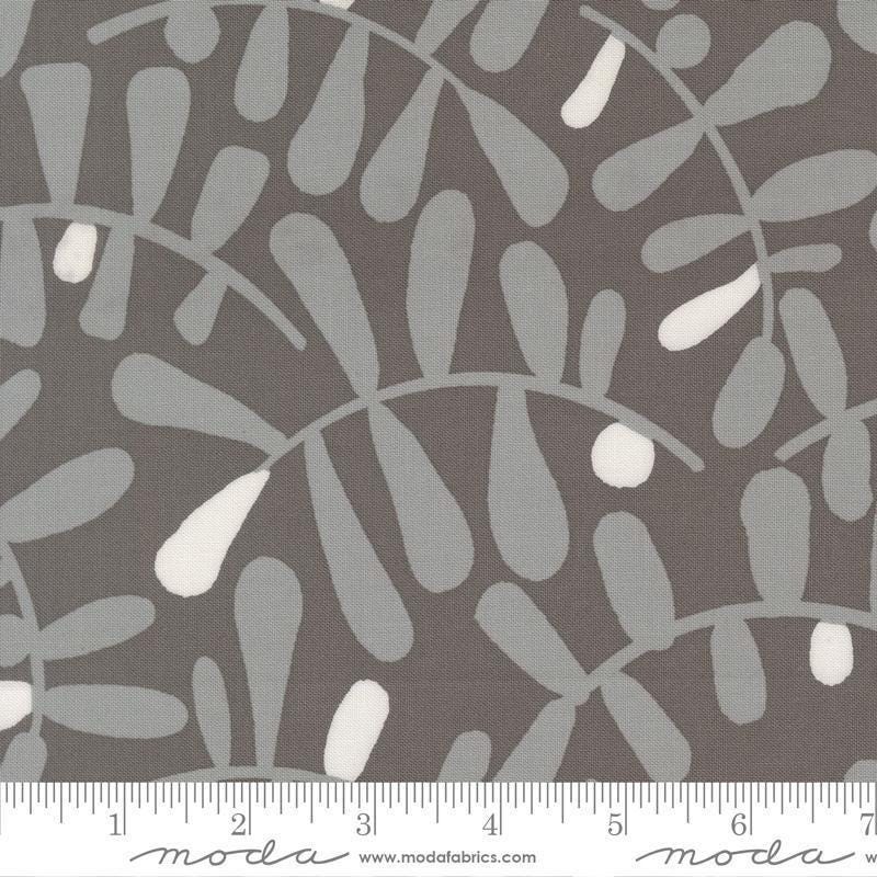 Image of Mira Calm Graphite quilting cotton fabric by Zen Chic for Moda Fabrics. Features leaves on a gray background. Cute Little Fabric Shop.