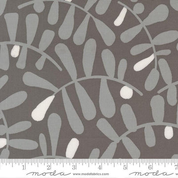 Image of Mira Calm Graphite quilting cotton fabric by Zen Chic for Moda Fabrics. Features leaves on a gray background. Cute Little Fabric Shop.