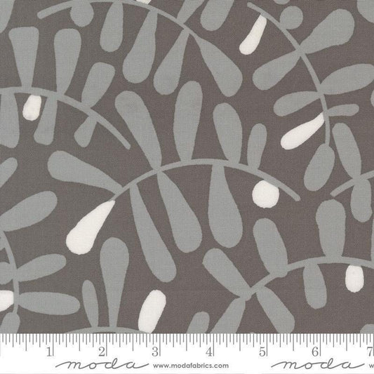 Image of Mira Calm Graphite quilting cotton fabric by Zen Chic for Moda Fabrics. Features leaves on a gray background. Cute Little Fabric Shop.