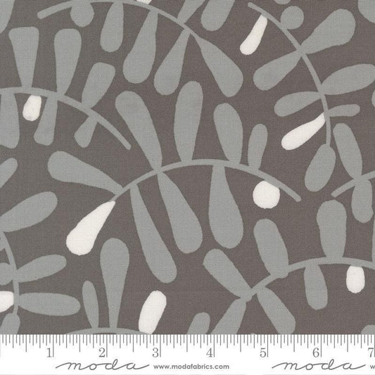 Image of Mira Calm Graphite quilting cotton fabric by Zen Chic for Moda Fabrics. Features leaves on a gray background. Cute Little Fabric Shop.