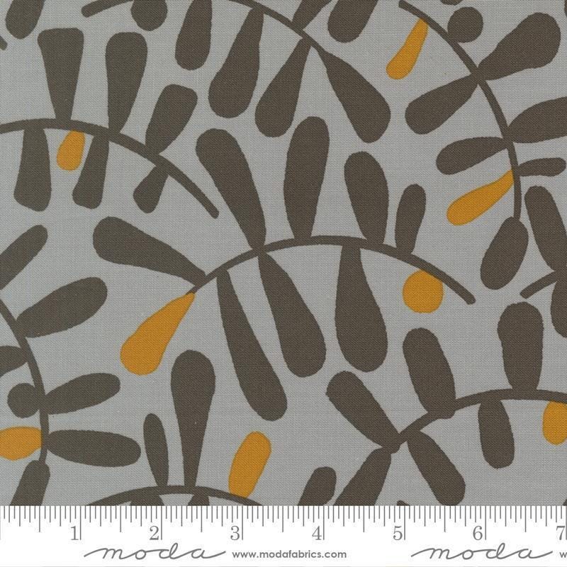 Image of Mira Calm Light Gray quilting cotton fabric by Zen Chic for Moda Fabrics. Features leaves on a gray background. Cute Little Fabric Shop.