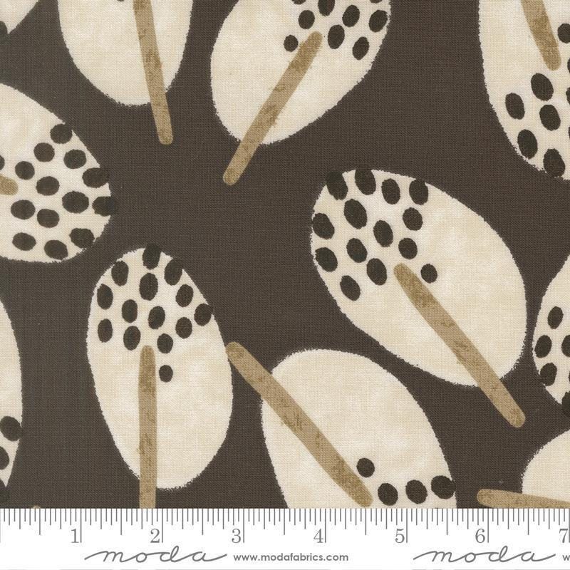 Image of Mira Stillness Charcoal quilting cotton fabric by Zen Chic for Moda Fabrics. Features leaves on a brown background. Cute Little Fabric Shop.