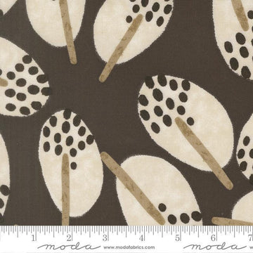 Image of Mira Stillness Charcoal quilting cotton fabric by Zen Chic for Moda Fabrics. Features leaves on a brown background. Cute Little Fabric Shop.