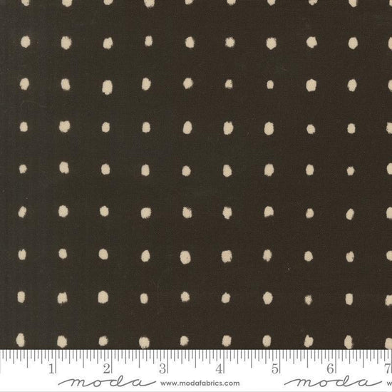 Image of Mira Pure Raven quilting cotton fabric by Zen Chic for Moda Fabrics. Features polka dots on a brown background. Cute Little Fabric Shop.