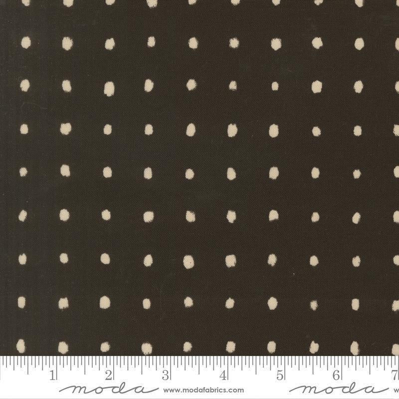 Image of Mira Pure Raven quilting cotton fabric by Zen Chic for Moda Fabrics. Features polka dots on a brown background. Cute Little Fabric Shop.