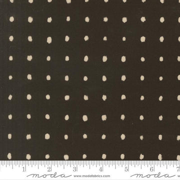 Image of Mira Pure Raven quilting cotton fabric by Zen Chic for Moda Fabrics. Features polka dots on a brown background. Cute Little Fabric Shop.