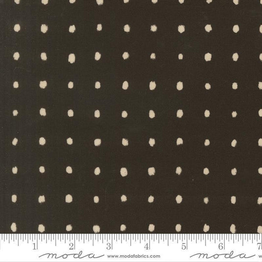 Image of Mira Pure Raven quilting cotton fabric by Zen Chic for Moda Fabrics. Features polka dots on a brown background. Cute Little Fabric Shop.