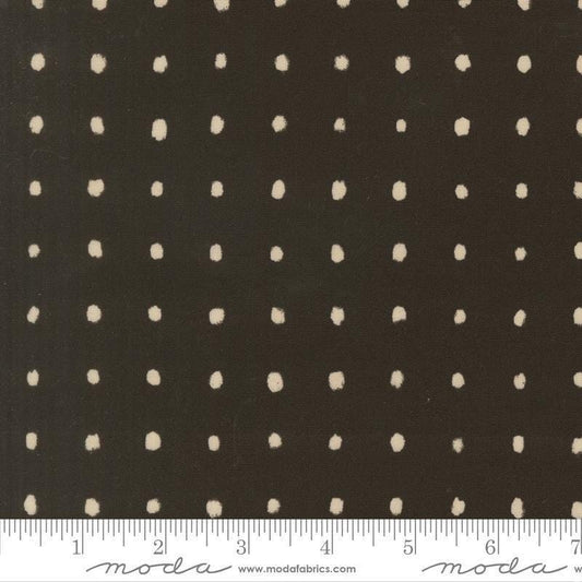 Image of Mira Pure Raven quilting cotton fabric by Zen Chic for Moda Fabrics. Features polka dots on a brown background. Cute Little Fabric Shop.