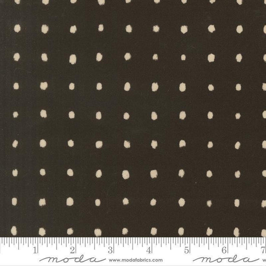 Image of Mira Pure Raven quilting cotton fabric by Zen Chic for Moda Fabrics. Features polka dots on a brown background. Cute Little Fabric Shop.
