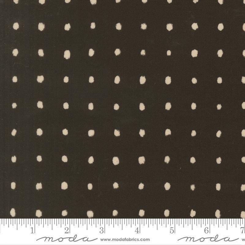 Image of Mira Pure Raven quilting cotton fabric by Zen Chic for Moda Fabrics. Features polka dots on a brown background. Cute Little Fabric Shop.