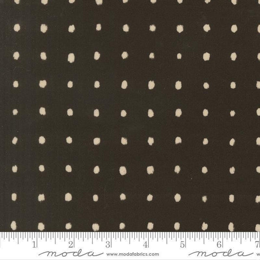 Image of Mira Pure Raven quilting cotton fabric by Zen Chic for Moda Fabrics. Features polka dots on a brown background. Cute Little Fabric Shop.