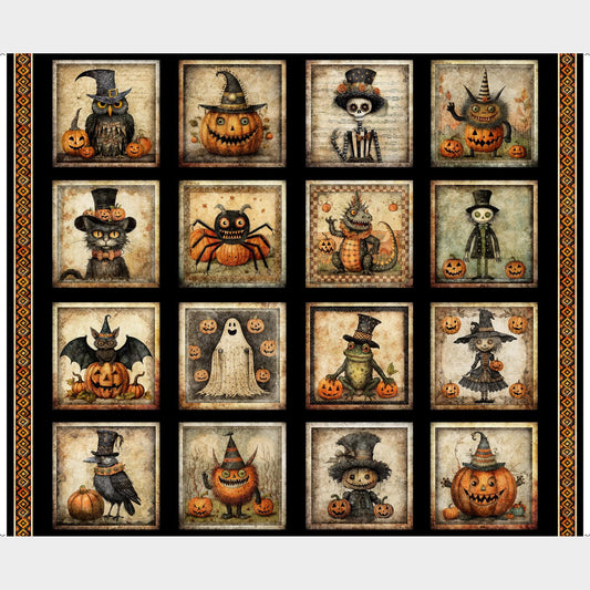 Jeepers Creepers Halloween Picture Patches Panel Black Halloween Fabric - 31008 - QT Fabrics Quilting Cotton Fabric