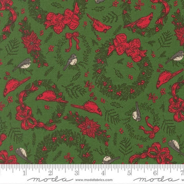 Image of Holiday Cheer Deck the Halls Evergreen quilting cotton fabric by Stacy Iest Hsu for Moda Fabrics. Features wreaths on a green background. Cute Little Fabric Shop.