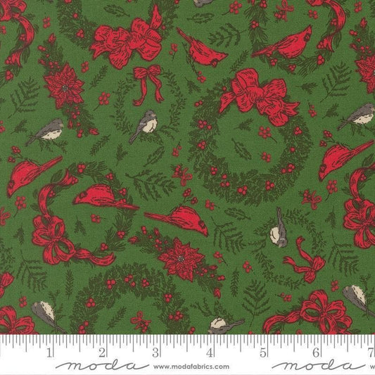 Image of Holiday Cheer Deck the Halls Evergreen quilting cotton fabric by Stacy Iest Hsu for Moda Fabrics. Features wreaths on a green background. Cute Little Fabric Shop.