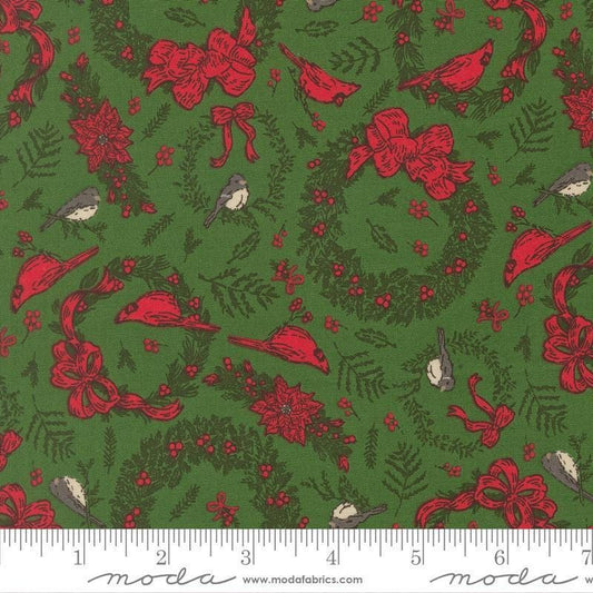 Image of Holiday Cheer Deck the Halls Evergreen quilting cotton fabric by Stacy Iest Hsu for Moda Fabrics. Features wreaths on a green background. Cute Little Fabric Shop.