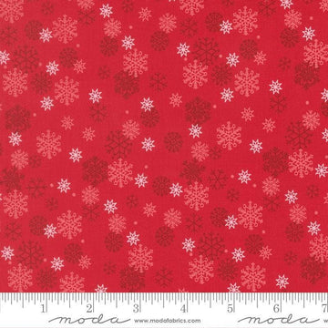 Image of Holiday Cheer Snowflake Poinsettia quilting cotton fabric by Stacy Iest Hsu for Moda Fabrics. Features snowflakes on a red background. Cute Little Fabric Shop.