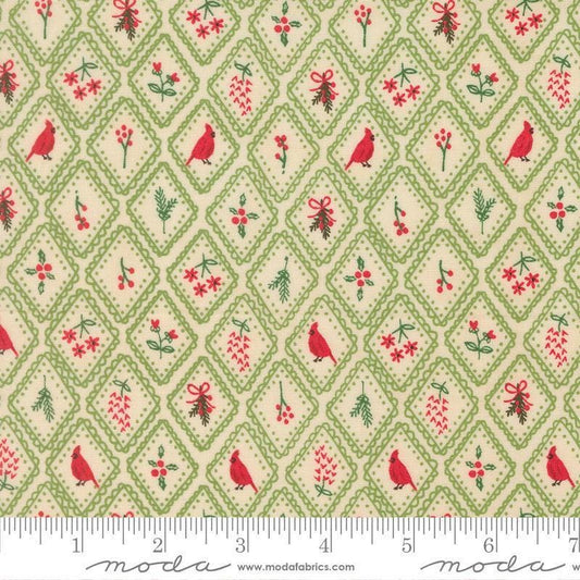 Image of Holiday Cheer Charm Mistletoe quilting cotton fabric by Stacy Iest Hsu for Moda Fabrics. Features flowers on a green and cream background. Cute Little Fabric Shop.