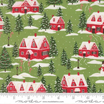 Image of Holiday Cheer Cardinals Village Mistletoe quilting cotton fabric by Stacy Iest Hsu for Moda Fabrics. Features a village on a green background. Cute Little Fabric Shop.