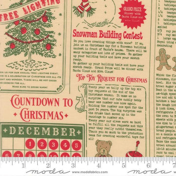 Image of Holiday Cheer North Pole News Natural quilting cotton fabric by Stacy Iest Hsu for Moda Fabrics. Features words on a beige background. Cute Little Fabric Shop.