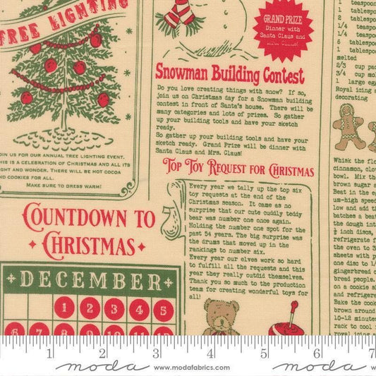 Image of Holiday Cheer North Pole News Natural quilting cotton fabric by Stacy Iest Hsu for Moda Fabrics. Features words on a beige background. Cute Little Fabric Shop.