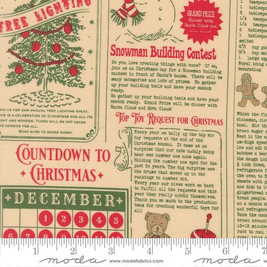 Image of Holiday Cheer North Pole News Natural quilting cotton fabric by Stacy Iest Hsu for Moda Fabrics. Features words on a beige background. Cute Little Fabric Shop.