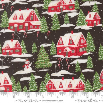Image of Holiday Cheer Cardinals Village Midnight quilting cotton fabric by Stacy Iest Hsu for Moda Fabrics. Features a village on a black background. Cute Little Fabric Shop.